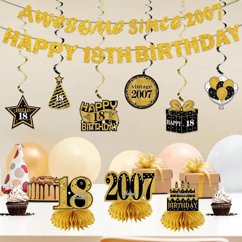 11Pcs 18th Birthday Decorations Kit for Men Women, Black Gold Happy 18th Birthday Banner, Awesome Since 2007 Centerpieces Swirls Party Supplies, Eighteen Bday Banner Ceiling Table Topper Sign