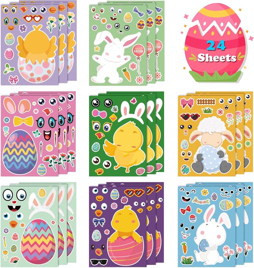 OHOME Easter Basket Stuffers for Kids - DIY Happy Egg Bunny Sticker Crafts Stickers for Toddlers,Kids Easter Gifts Decor Treats Games Toys Activities Party Favor Supplies(24 Sheets) B0CQ2MRY7Z