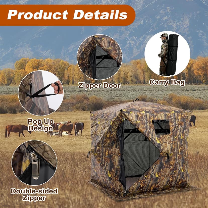 OLIXIS 270°See Through Hunting Blind, 2-3 Person Pop Up Camouflage Tent with Carrying Bag, Portable Hunting Tent with Accessory Bag