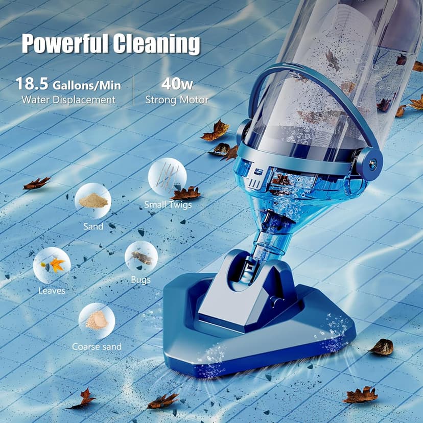 Pool Vacuum for Above Ground Pool with a Telescopic Pole, Running time up to 1H, T403 Handheld Rechargeable Pool Cleaner with Powerful Suction up to 18.5 gallons/min, Ideal for Leaves, Debris
