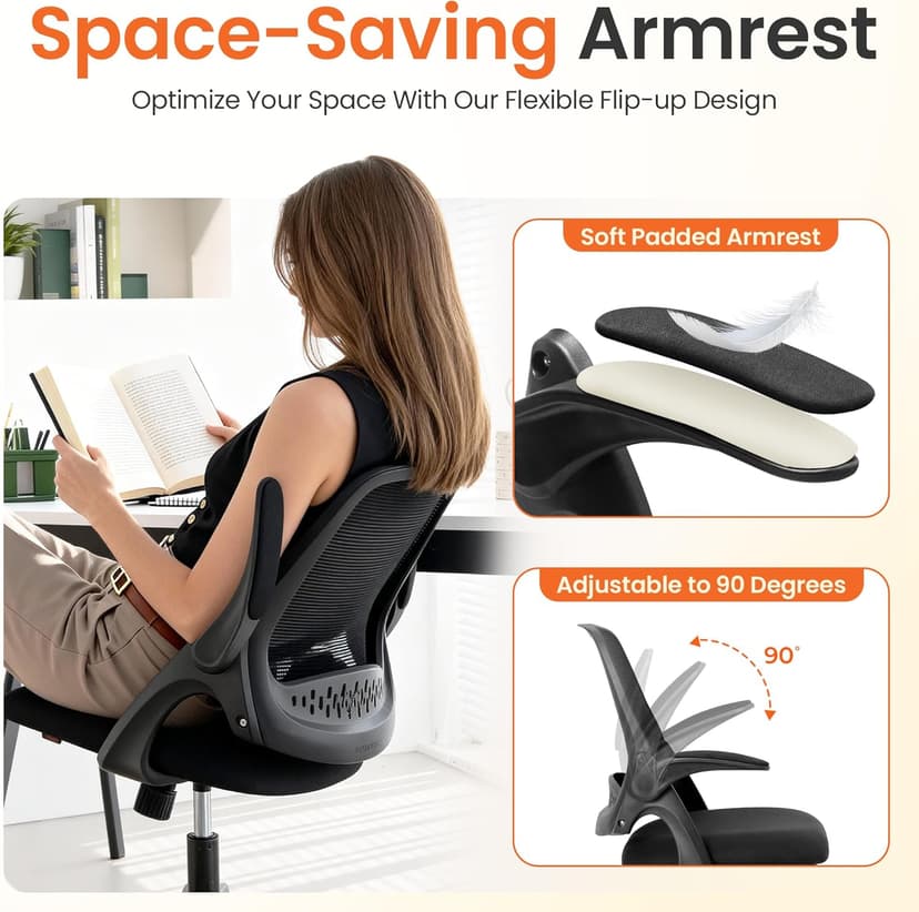 NEO CHAIR Office Chair Gaming Desk Computer Mesh Ergonomic Chair with Flip-up Arms Comfy Lumbar Support Adjustable Height Rolling Wheels Chair for Home Office (All Black)