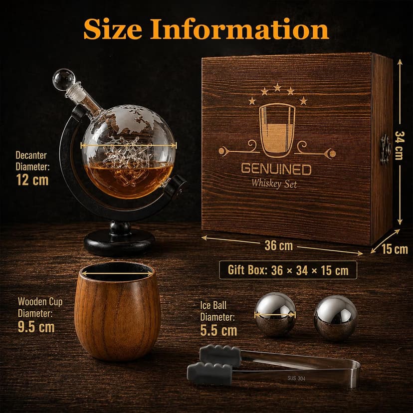 Whiskey Bottle, Liquor Decanter, With 11oz Smoke Bourbon Glass(2), Whiskey Gifts for Men, Dad, or Husband, Wooden Gifts Box GENUINED 30oz Globe Whiskey Decanter Set w/2 Charred Wooden Whiskey Glasses B0GV26PYCT