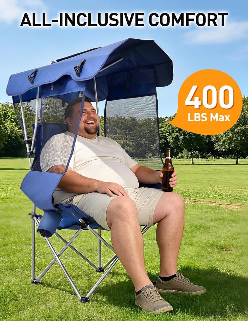 East Oak Oversized Camping Chair with Canopy | 400 LBS Heavy Duty Folding Beach Chair with Canopy Shade, Roomy Seat, Full Sun Protection, Ample Storage | Canopy Chair for Outdoors