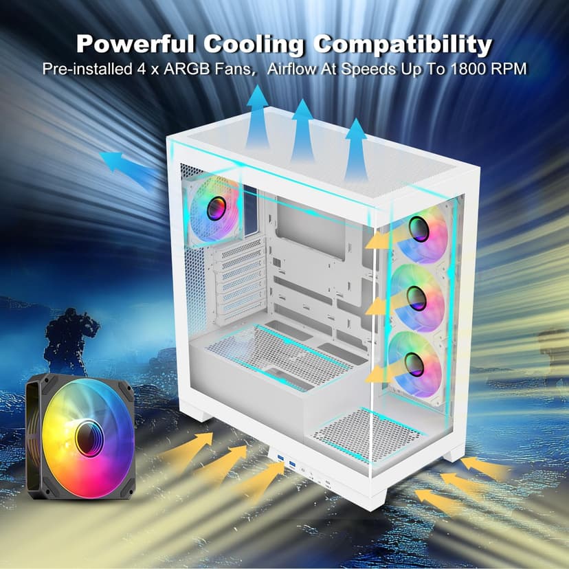 SAMA NEVIEW 4503 Mid Tower PC Case with Dual Tempered Glass Panels, 4×120mm ARGB Fans Pre-Installed, High Airflow ATX PC Case for Case PC Gaming, USB 3.0×2, Type-C Port, Supports Top 360mm AIO – White