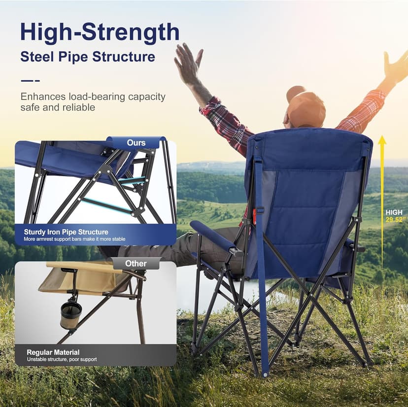 LET'S CAMP Oversized Camping Chairs 29.52" High Back Heavy Duty Lawn Chair Support 500LBS, Portable Collapsible Chair with Cup Holder, Side Pocket,2 Pack(Blue)