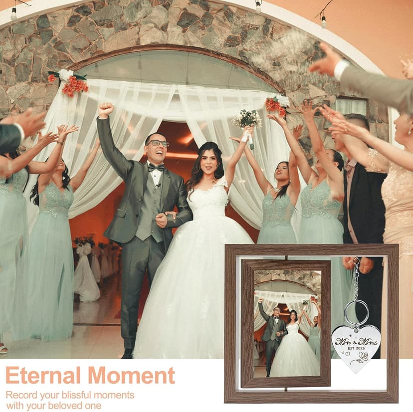 Wedding Gifts for Couples 2025,Rotating Floating Mr and Mrs Picture Frame,4x6 Rustic Picture Frame Engagement Gifts for Couples,Bridal Shower Gift for Bride to Be
