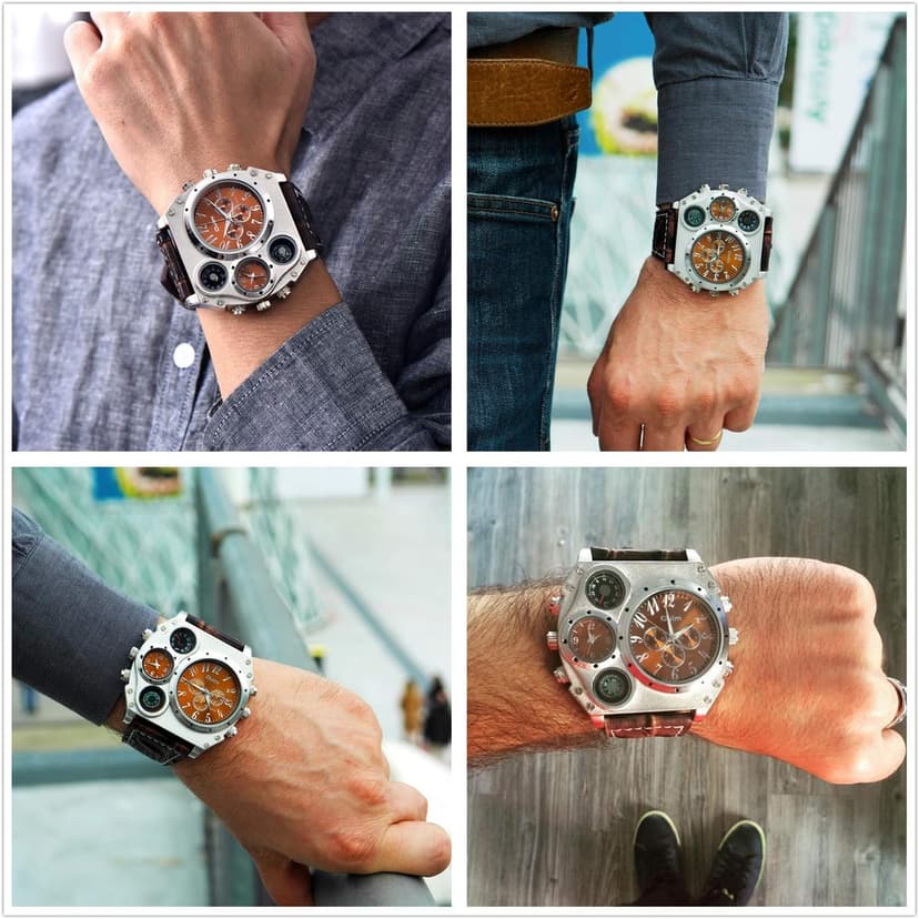 Avaner Men's Leather Wrist Watches: Big Face Dual Time Zone Oversized Large Dial Leather Strap Analog Quartz Watch