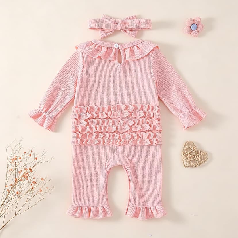 Soft waffle knit romper with ruffle trim, snap closure and matching bow headband QITUDATEY Baby Girl Waffle Knit Romper with Headband, Ruffle Jumpsuit B0HCKVJZZB