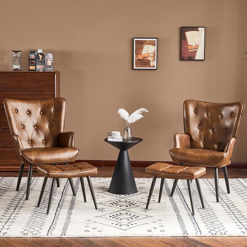 Furniliving PU Leather Accent Chair with Ottoman, Upholstered Reading Chair with High Backrest, Tufted-Button Wingback Armchair for Bedroom, Dressing Room, Home Office, Brown