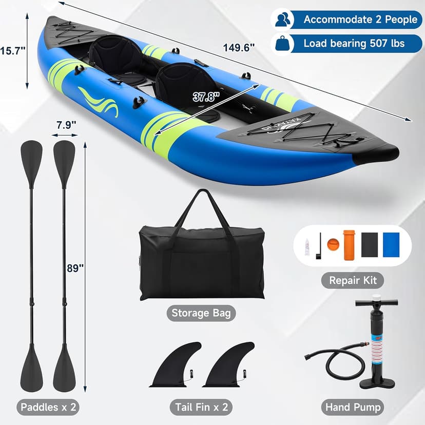 WETURE Inflatable Kayak 2 Person, Fishing Kayaks for Adults, 12.5FT 507 LBS Capacity, Portable Kayak with Luminous Strips, Adjustable Kayak Seat, 2 Paddles, 2 Tail Fins, Pump &Storage Bag