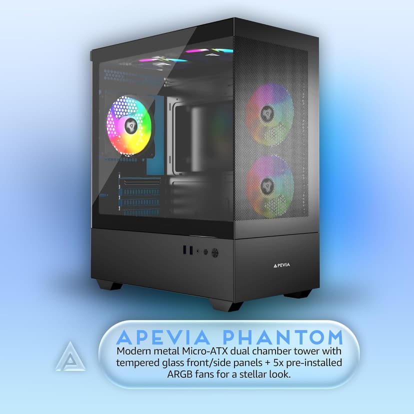 Apevia Phantom-MESH-BK Phantom Micro-ATX Dual-Chamber Mesh Gaming PC Case w/ 5X 120mm ARGB Fans, 366 RGB Modes, Mesh Airflow Performance Front Panel, 240mm Radiator Support, 2X USB3.0, HD Audio, Black