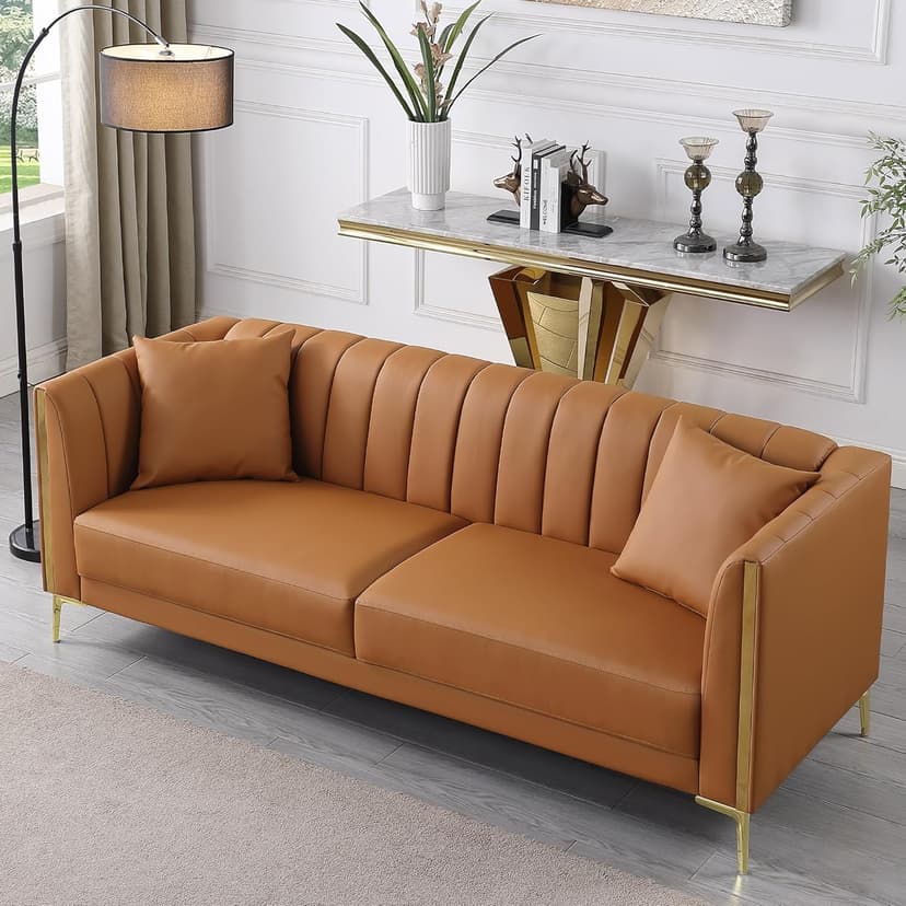 FOTOSOK 78'' Couch Sofa, Modern Leather Couches for Living Room, Comfy, Faux Leather Sofa 3 Seater Sofa with 2 Throw Pillows and Gold Metal Legs, Deep Seat Sofas (Brown)