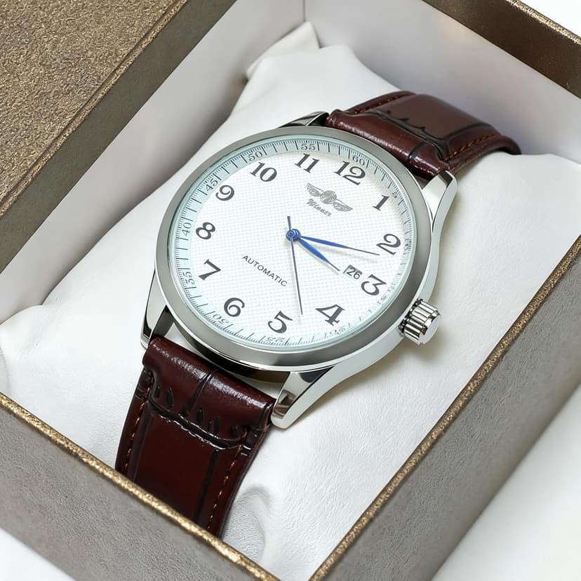 Gute Men's Watch, Mechanical Skeleton Steampunk Automatic Self-Winding Arabic Numeral Blue Hands Brown PU Leather Wrist Watch