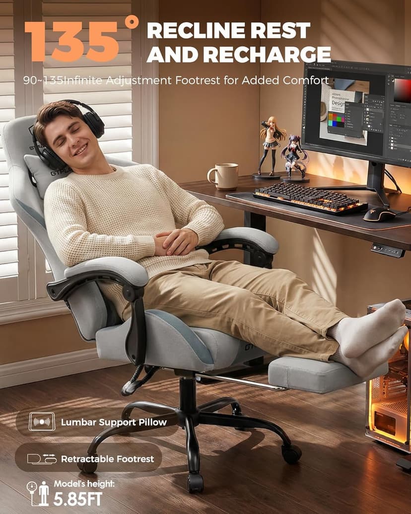 GTPLAYER Gaming Chair with Foot Rest & Pocket Spring Cushion, Ergonomic High Back Computer Desk Chair with Headrest & Lumbar Support for Back Pain Relief, Breathable Fabric, Mist-Blue