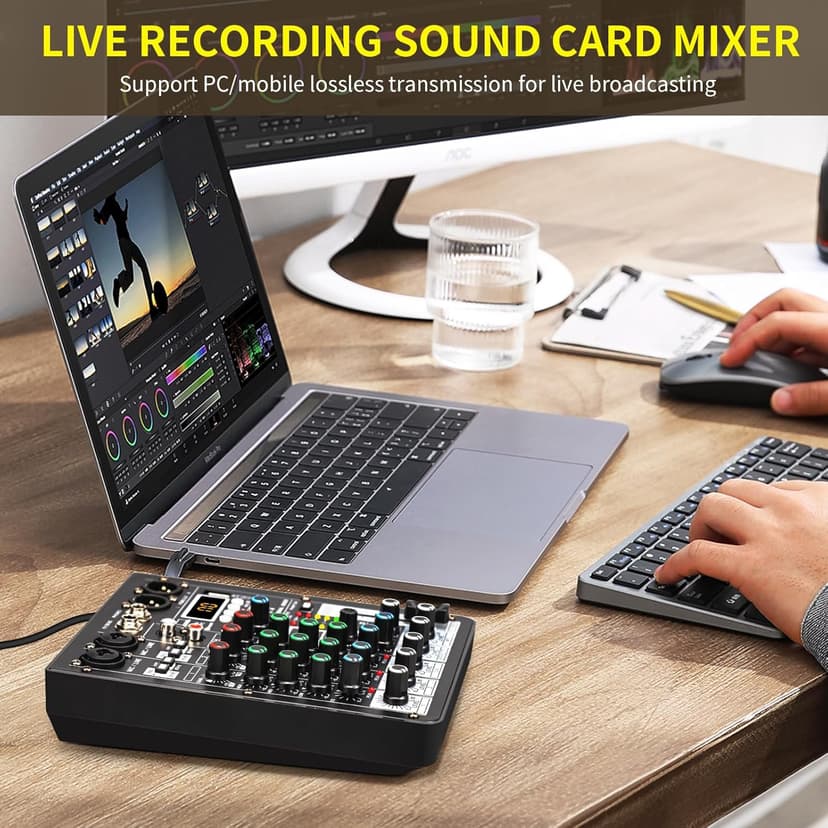 TKLBLS 4 Channel Audio Mixer, Professional DJ Mixer Sound Board Mixing Console with 99-Bit DSP Effect, Bluetooth USB Interface Stereo Mixer Board with 48V Phantom Power For Recording Live Stream
