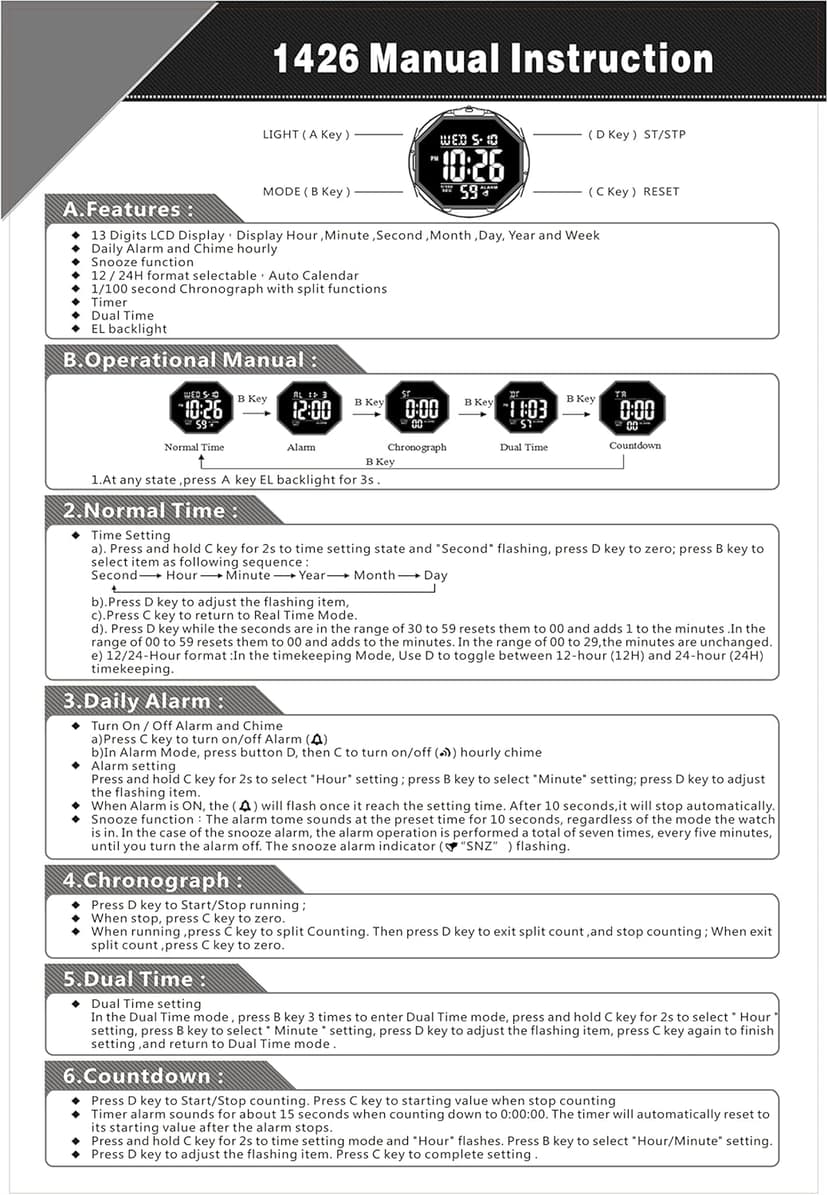 SNE Digital Watch Sports Waterproof Military Back Light Small Watch for Men Black 1426