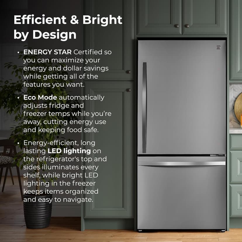 Kenmore 31" Bottom Freezer Refrigerator - Ice Maker, Adjustable Shelving, Crispers Drawers, LED Lighting, ENERGY STAR Certified, 22.3 cu. ft. Capacity, Fingerprint Resistant Stainless Steel