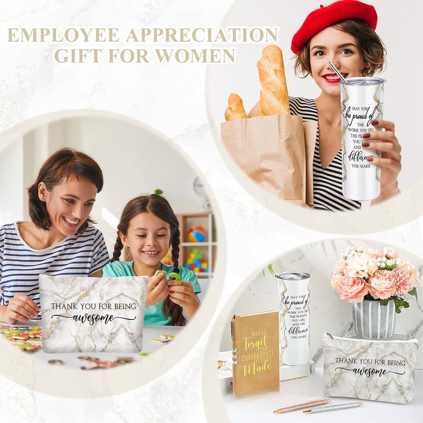 Female Thank You Work Anniversary May You Be Proud 20oz Tumbler Makeup Bag Journal Gift for Boss Teacher Custodian Customer Domensi 6 Pcs Employee Appreciation Gift Set for Women, White B0CHYMKWLB