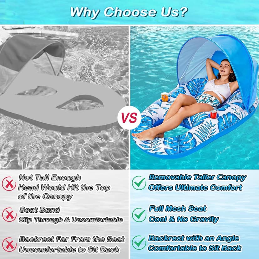 Jasonwell Pool Float with Canopy - Inflatable Pool Floaties Adult Lounger Floats Raft Floating Chair with Cup Holders for Swimming Pool Lake Water Lounge Float Beach Pool Party Toys for Adults