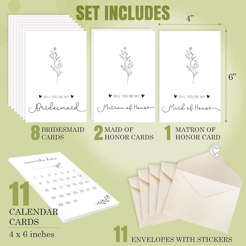 11 Bridesmaid Proposal Card Set - 8 Will You Be My Bridesmaid Card, 2 Will You Be My Maid Of Honor, 1 Matron Of Honor Invitation, Asking Bridesmaid Proposal Gifts Ideas