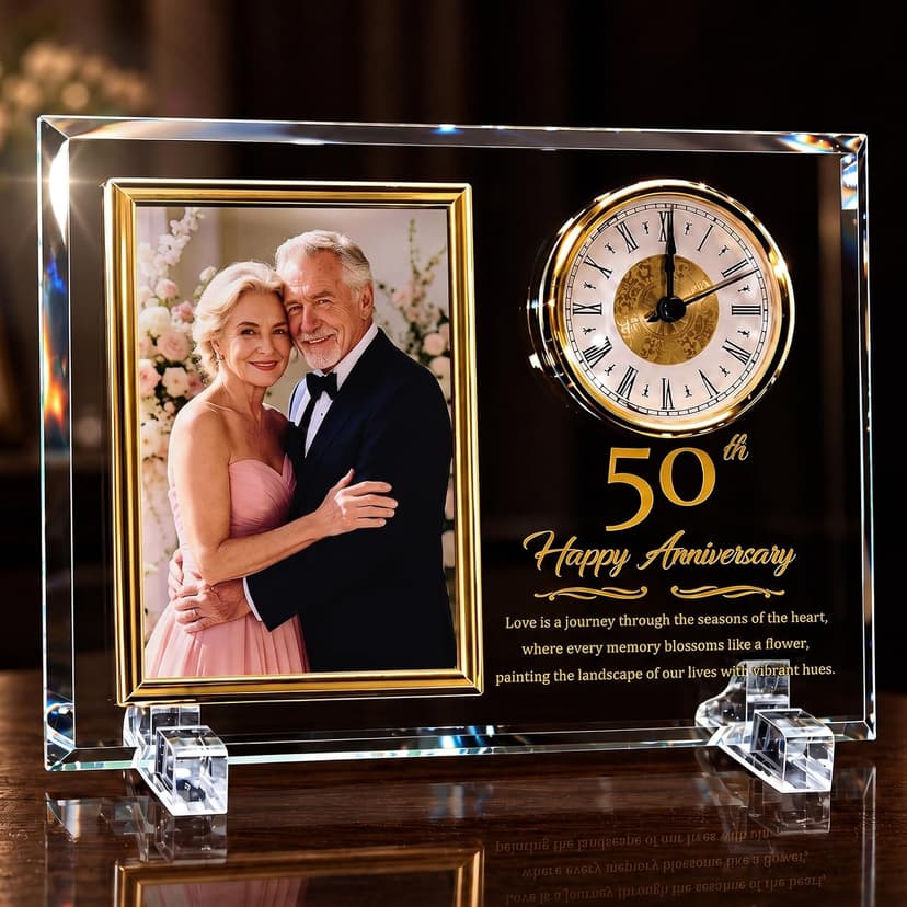 Dxaeqr 50th Wedding Anniversary Keepsake for Couples, Crystal Glass Photo Frame Clock, Golden Anniversary Present for Parents Grandparents Wife Husband, Holds 4x6 Photo B0G6WN24TD