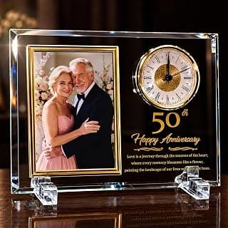 Dxaeqr 50th Wedding Anniversary Keepsake for Couples, Crystal Glass Photo Frame Clock, Golden Anniversary Present for Parents Grandparents Wife Husband, Holds 4x6 Photo B0G6WN24TD