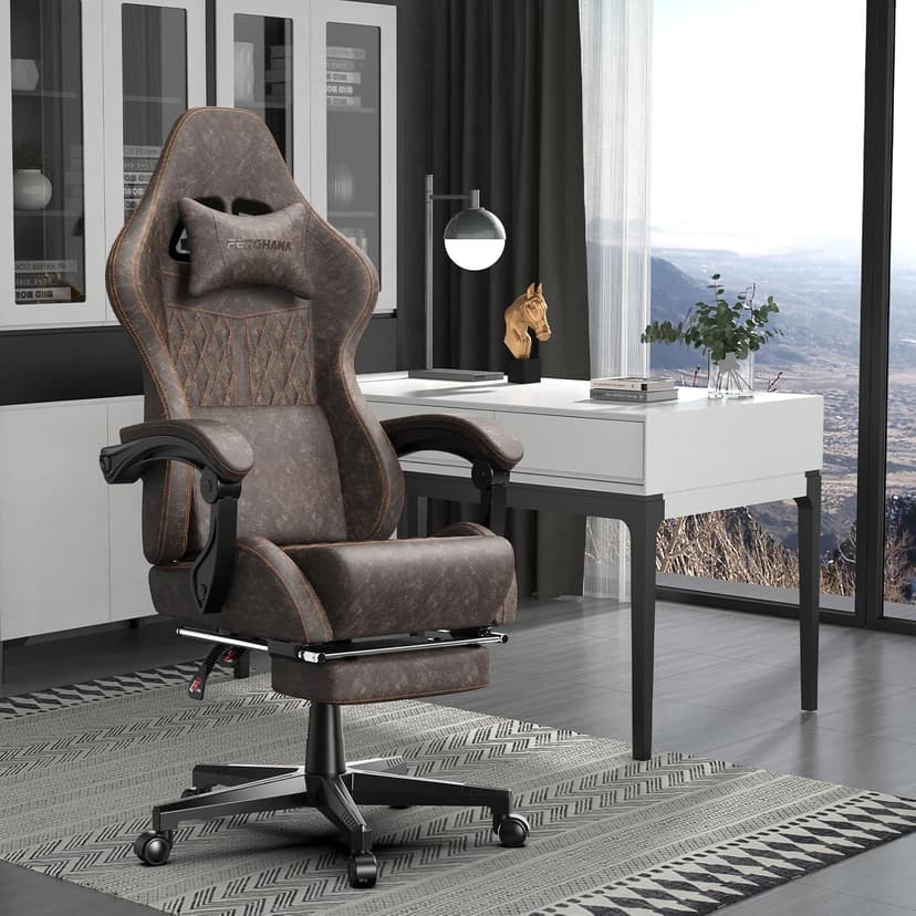 Ferghana Vintage PU Leather Gaming Chair, High Back Gamer Chair with Massage, Ergonomic Computer Office Chair with Footrest for Adults, Racing Style Reclining Video Game Chair Chestnut Brown