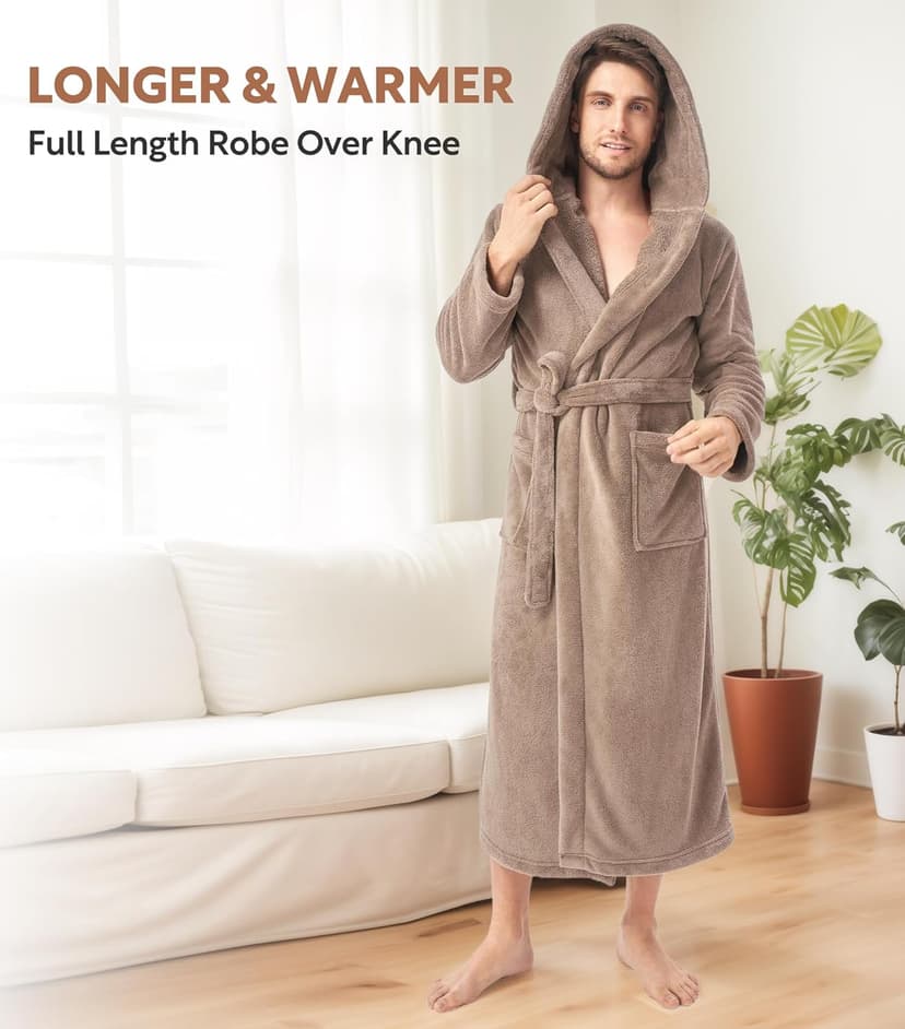 DAVID ARCHY Men's Hooded Robe Soft Coral Fleece Microfiber Bathrobe