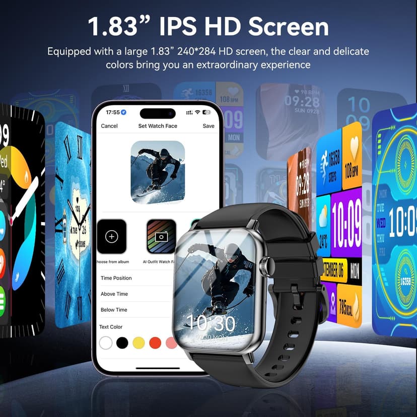 Smart Watches for Men Women, 1.83" HD Touchscreen Fitness Tracker with Bluetooth Calls, IP68 Waterproof, 120+ Sport Modes, 7-Day Battery, 24/7 Heart Rate & Sleep Monitor for iPhone Android iOS (Black)