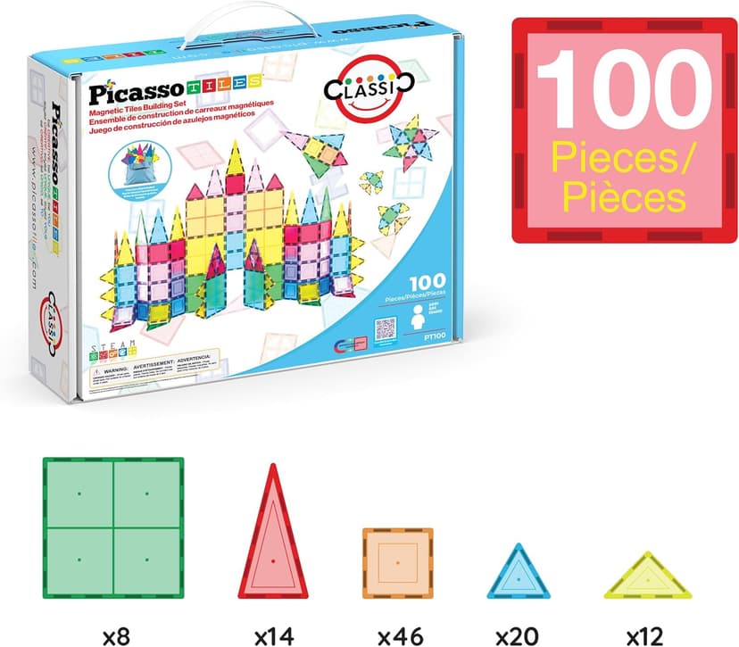 No-limit scalable builds, hands-on magnet polarity fun, family group play, quick assemble & store, shape & color recognition PicassoTiles 100 Piece Magnetic Tiles, Clear 3D Building Blocks for Kids 3+ B00AU56C5W