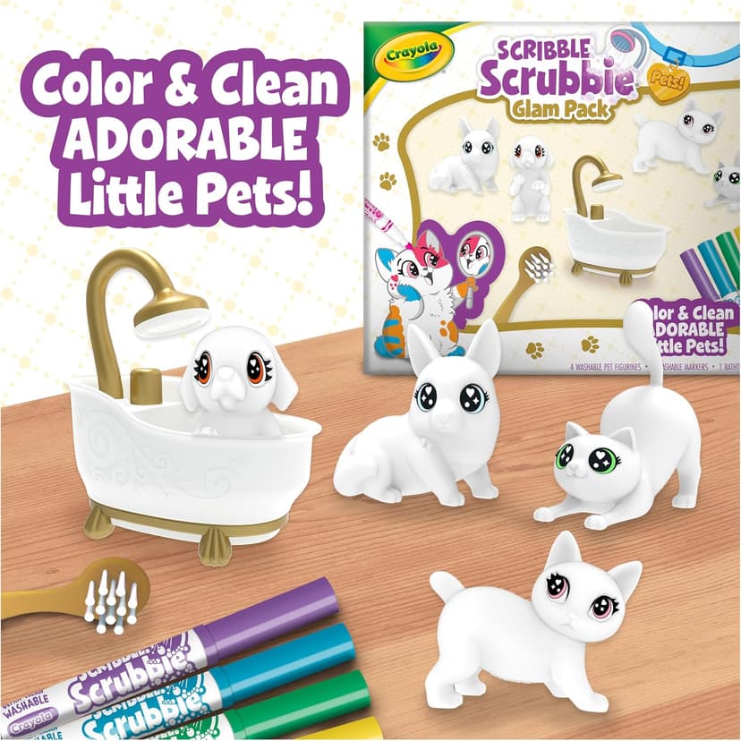 Crayola Scribble Scrubbies Glam Pack (4 Pets), Holiday for Kids, Washable Pet Care Toy, Coloring Animal Craft, Stocking Stuffer Toys for Girls & Boys, 3+