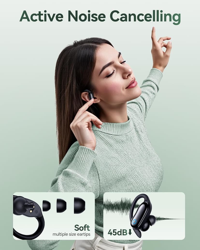 GNMN Active Noise Cancelling Ear Buds Wireless Earbuds 96hrs Playback Bluetooth Headphones Dual Battery Display Stereo Bass Earphones with Earhooks Microphone IPX7 Waterproof for Sports/Workout