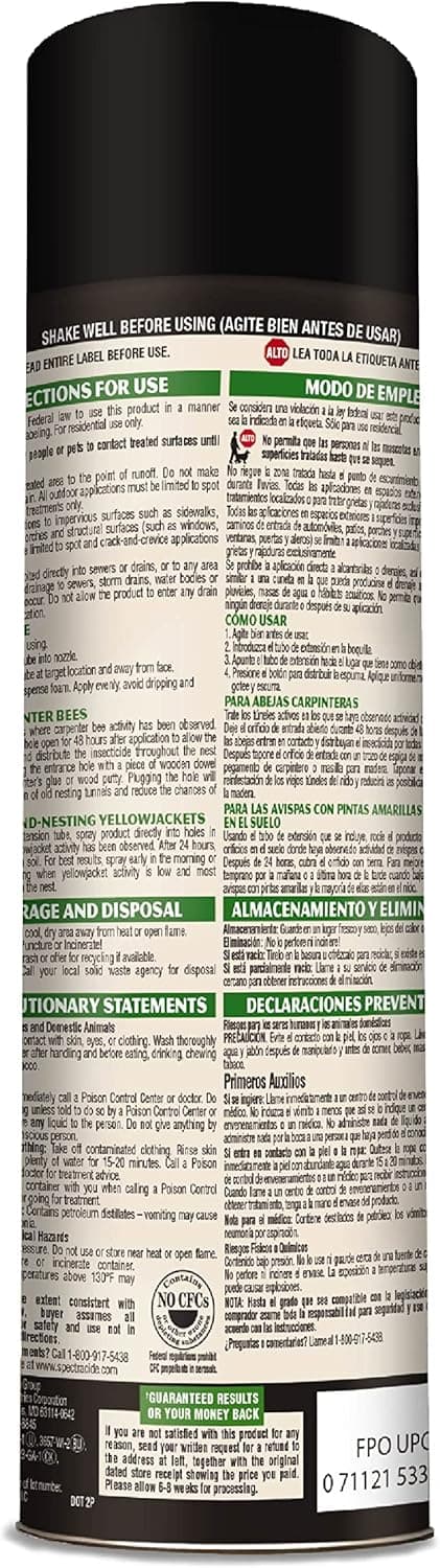 Spectracide Carpenter Bee And Ground-Nesting Yellowjacket Killer Foaming Aerosol 16 Ounces, Expands To Where Insects Live, Yellow