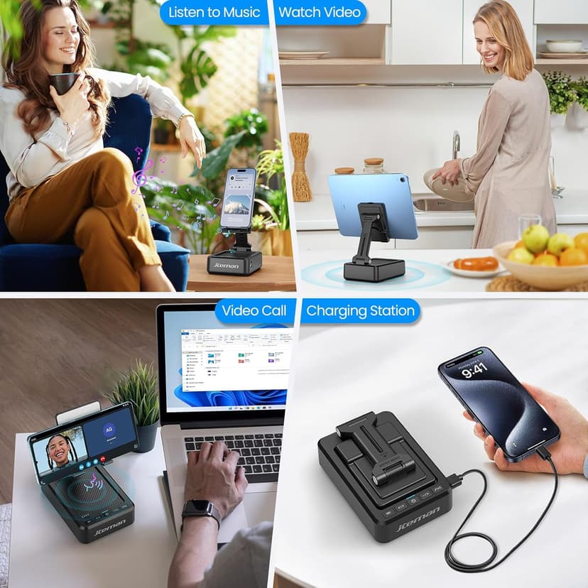 JTEMAN Cell Phone Stand with Bluetooth Speaker and Charging Function,Bluetooth Audio Power Bank Bracket,Birthday Gifts for Men Women,Kitchen Gadgets for Most Phones and Tablets-Black