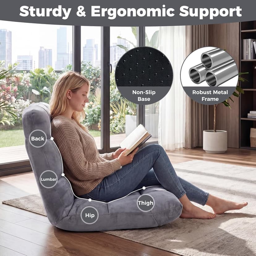 COSTWAY Floor Chair, Video Gaming Chairs with Back Support, Adjustable 14-Position, Alloy Steel Frame, Lazy Sofa Lounge Recliner for Adults Kids (Silver Grey)