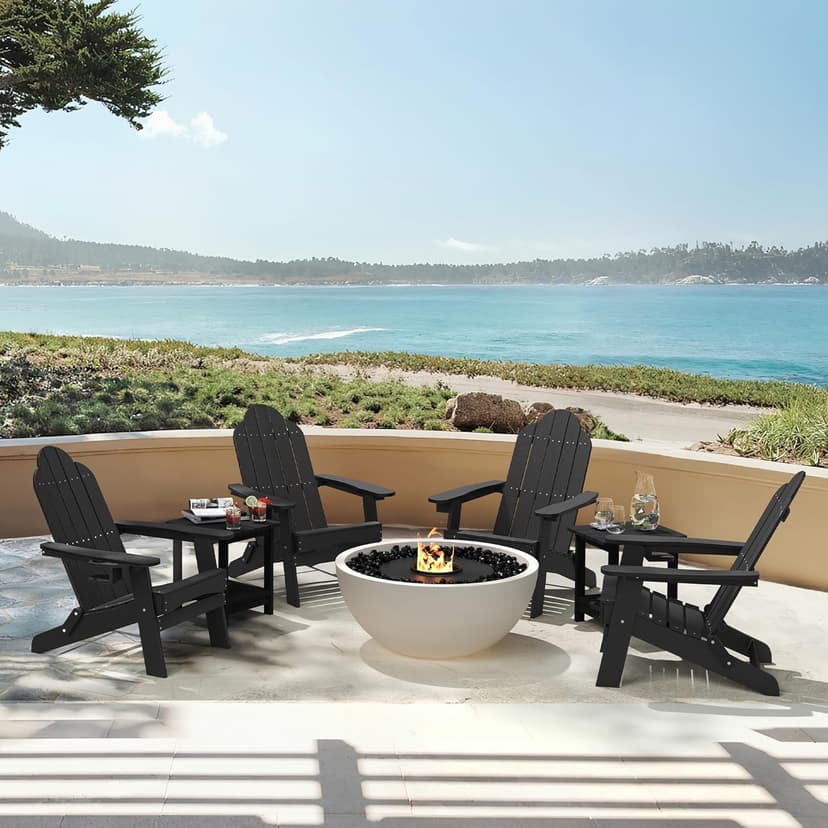 LUE BONA Folding Adirondack Chair Set of 4, Black HDPS Fire Pit Patio Chairs Weather Resistant, Modern Plastic Outdoor Chairs with Cup Holder