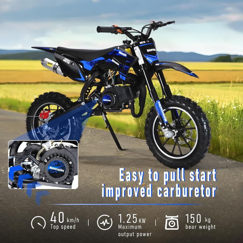 50CC Dirt Bike, 2-Stroke Kids Dirt Bike with 10-Inch Off-Rode Tire, Mini Bike with Front and Rear Disc Brake, Up to 25 Mph, Mini Bikes for Kids 8-14 Weight Support Up to 330 LBS Blue