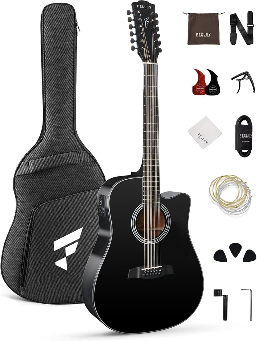 Fesley 12 String Guitar: 42" Full Size Acoustic Electric Guitars for Beginners Adults, Spruce Top Guitarra Acustica, Cutaway Guitar Bundle with Gig Bag, Picks, Strings, Strap, Gloss, Black