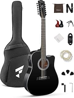 Fesley 12 String Guitar: 42" Full Size Acoustic Electric Guitars for Beginners Adults, Spruce Top Guitarra Acustica, Cutaway Guitar Bundle with Gig Bag, Picks, Strings, Strap, Gloss, Black
