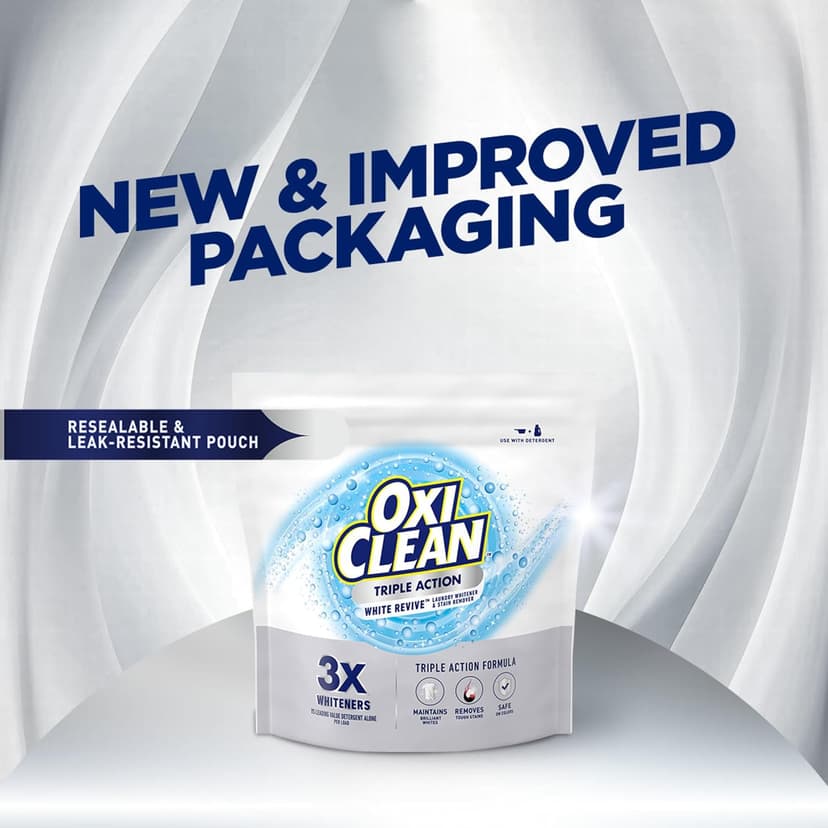 OxiClean Triple Action White Revive Laundry Whitener and Stain Remover Powder, Use with Detergent, Whitens and Brightens Clothes, Removes Tough Stains, Color Safe, Chlorine Free, 4 lbs