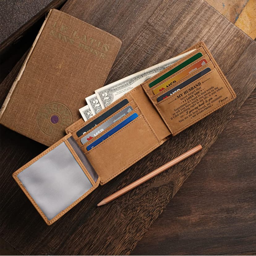 DOPTIKA Minimalist Brown Leather RFID Protected Bi-Fold Wallet for Men, Husbands
