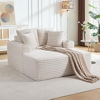 IDEALHOUSE 64" Oversized Chaise Lounge Chair Indoor, Upholstered Boneless Sofa Bed with Throw Pillows, Cup Holders and Armrests, Comfy Corduroy Sleeper Couch for Living Room, Bedroom, Office (Beige)