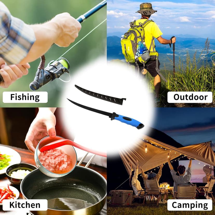 Fish Fillet Knife Set, For Trout Fishing Catfish Cleaning and Meat Cutting, Stainless Steel Blade , Includes 5", 6", 7", 9", XL 9" knife, Sharpening Rod, Glove, Towel, Storage Bag. For Kitchen, Boat