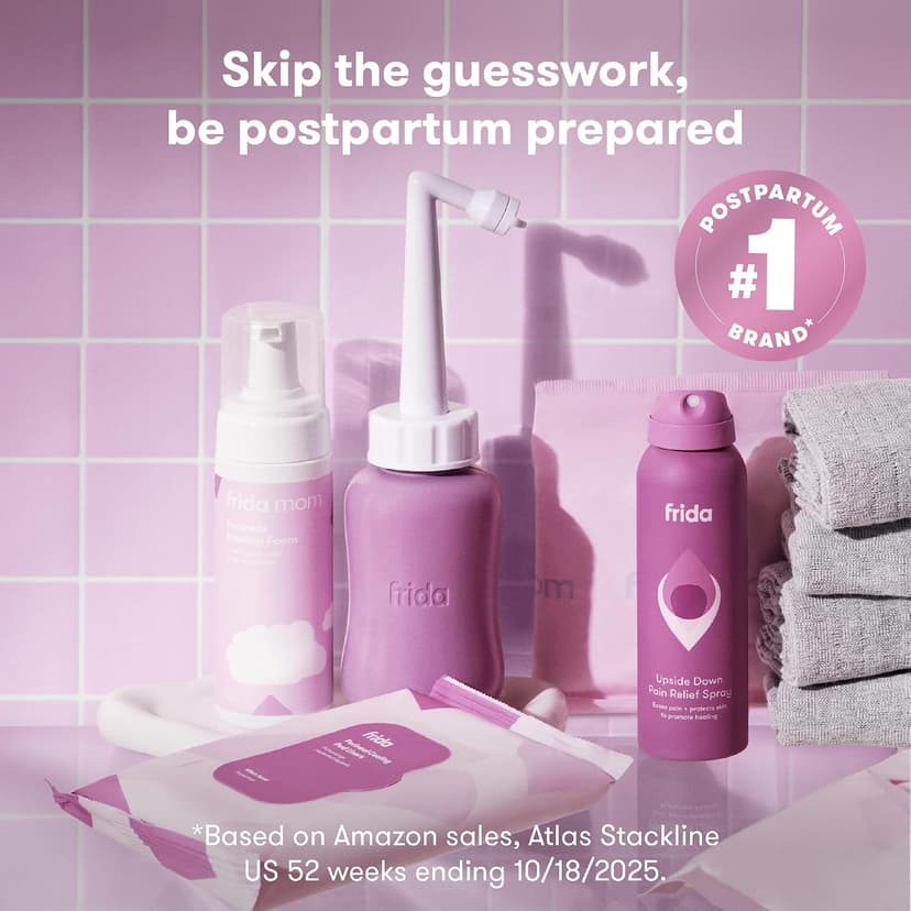 Frida Mom 11pc Postpartum Essentials Kit Gift Set, Hospital Bag Must Haves for New Mom, Includes 4 Disposable Postpartum Underwear, 4 Ice Maxi Pads, Perineal Healing Foam & 24 Pad Liners & Peri Bottle