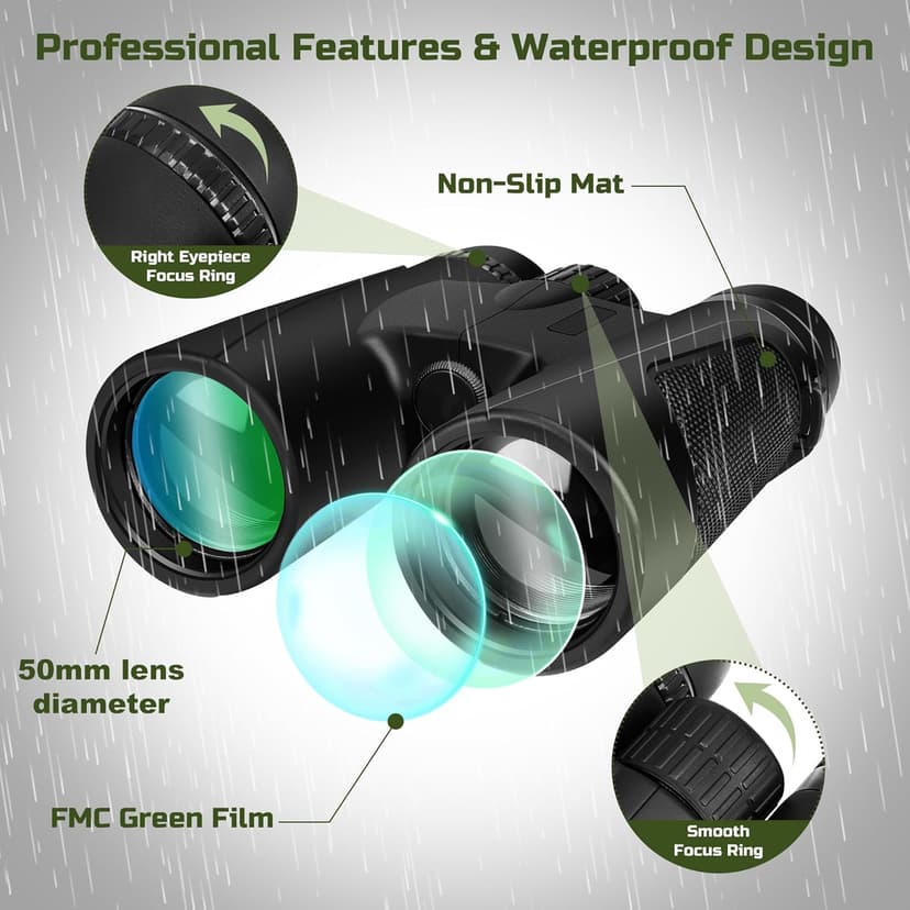 High Power 15X50 Binoculars for Adults Waterproof 50mm Big Eyepiece Fogproof Binoculars with BAK4 Prism FMC Lens for Outdoor Stargazing Hunting Traveling Wildlife Bird Watching (Black)
