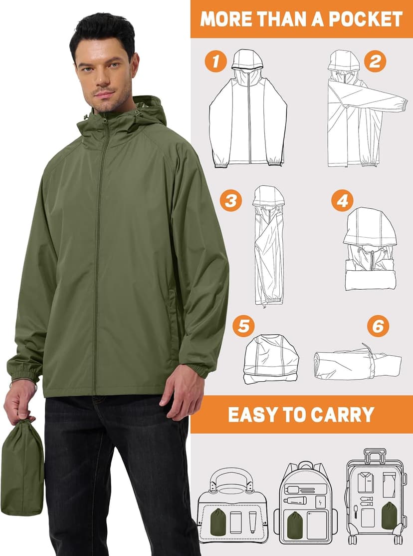 UIQUR Men's Rain Jacket Windbreaker Waterproof Jacket Raincoat Cycling Running Hiking Gear Hood Lightweight Packable