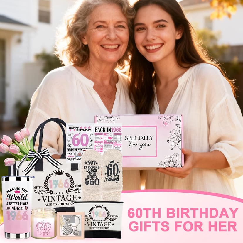 60th Birthday Gifts for Women, Vintage 1966 Birthdays Gift For Her, Cool 60 Year Old Birthday Gifts Set For Mom Wife Sister Friends Coworkers, Unique Gift Ideas With Tumbler Greeting Card Tote Bag B0H1LC1S74