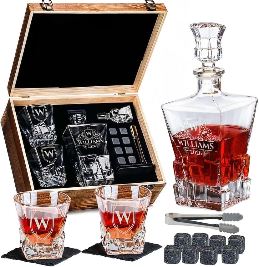shop4ever Custom Engraved Monogram Year, Chunky Heavy Liquor/Bourbon Decanter with Glasses, Whiskey Stones, Coasters & Tongs, Premium Whiskey Gift Set for Men, Husband, Dad