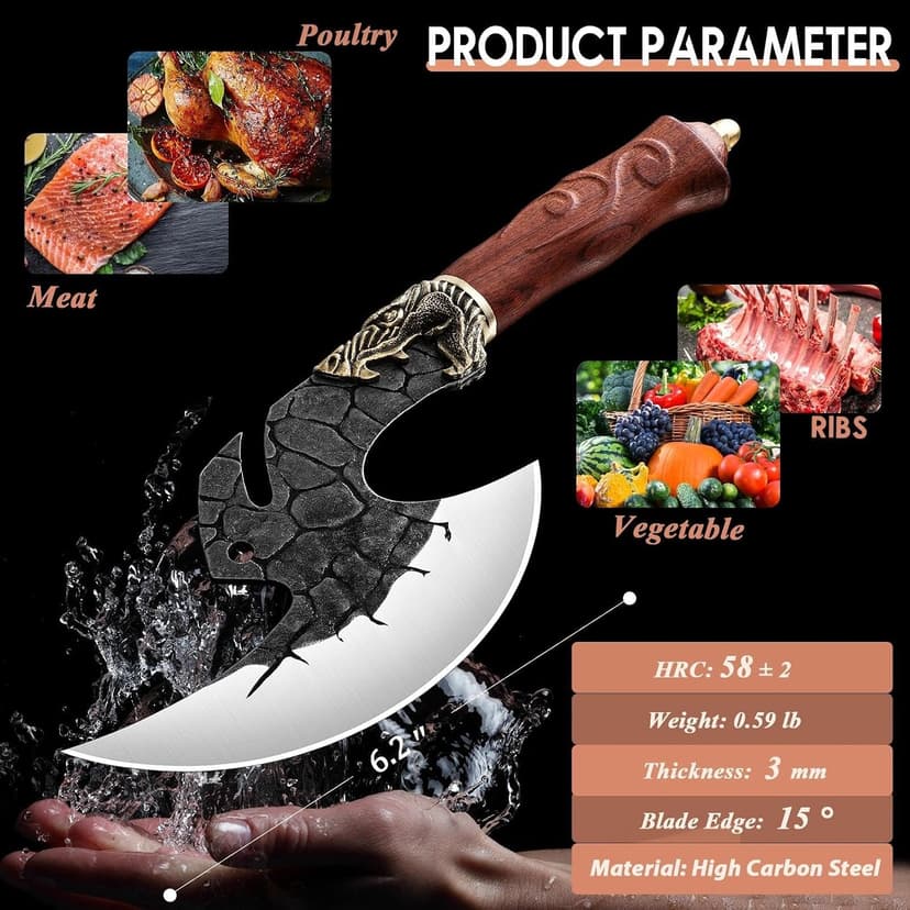 ROCOCO Viking Cleaver Knife Butcher Meat Cutting Boning Knife Hand Forged Chinese Kitchen Axe with Sheath Home Outdoor BBQ Camping Chirstmas Birthday Chirstmas Mother Father Gift Men