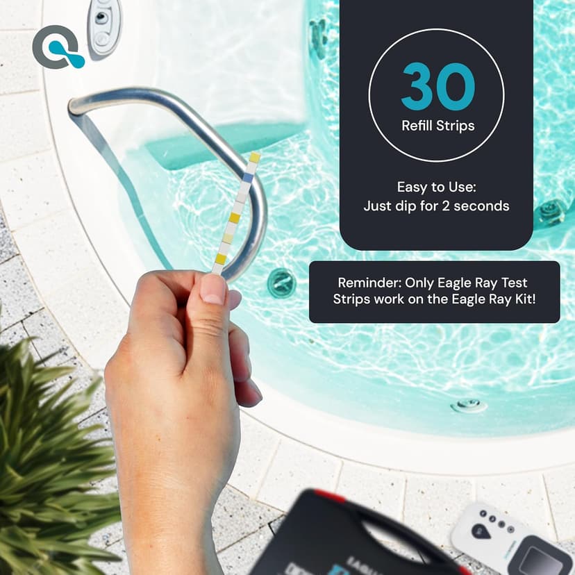 Eagle Ray Digital Water Testing Kit for Spa & Pool - Digital Hot Tub Water Tester by AquaDoc with Analyzer & Hot Tub Test Strips for Chlorine, Bromine, Total Hardness, pH and More